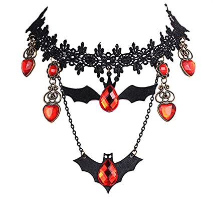 Black Bat Choker Necklace with Red Jewels