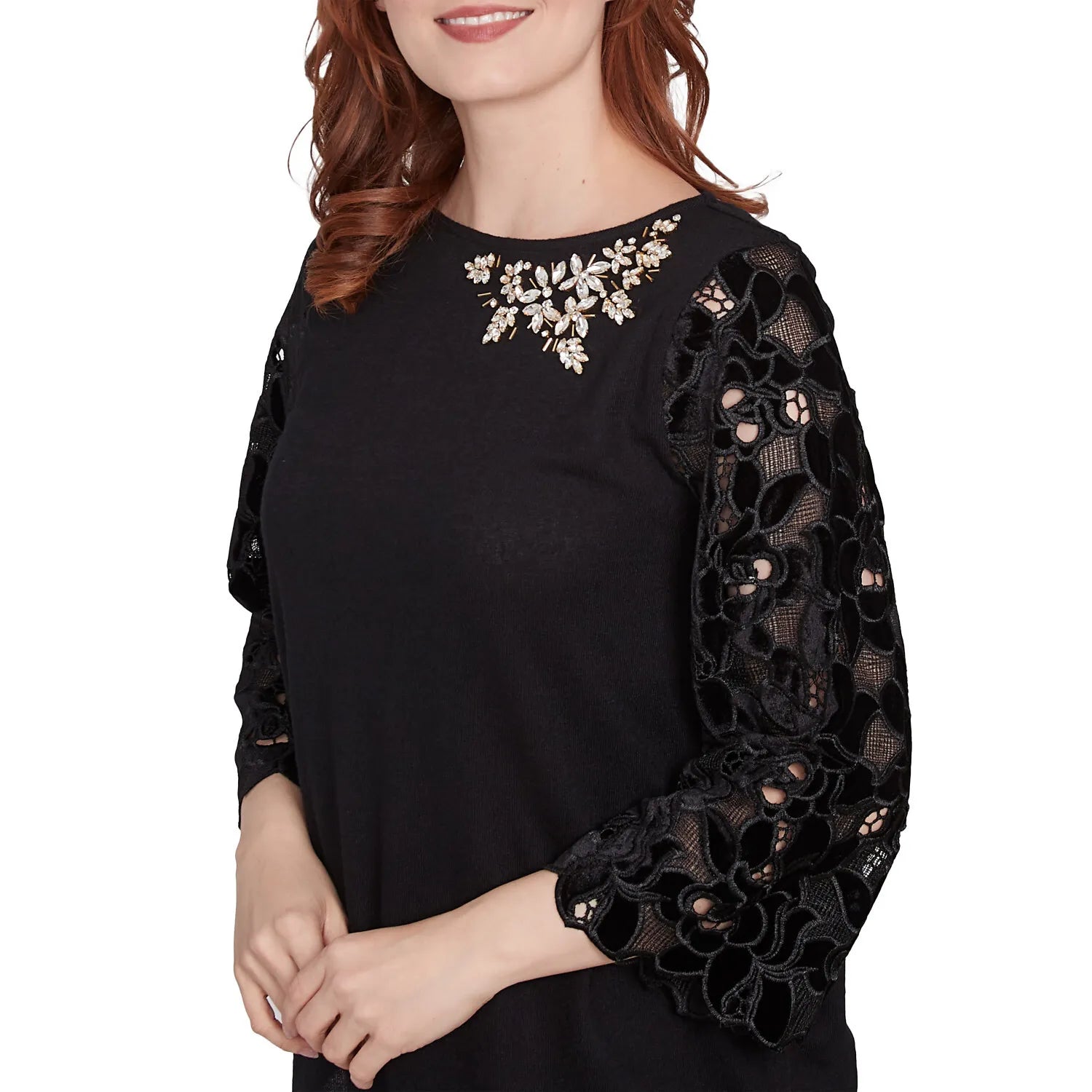 Velvet Rosette Lace Sleeve Bejeweled Solid Blouse - Ruby Rd