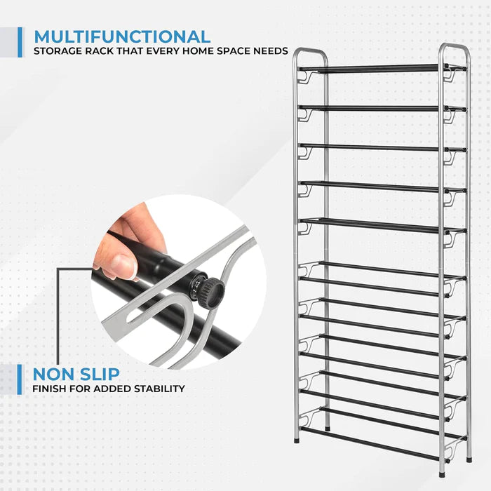 10-Tier Shoe Rack Silver & Black Rough Bars L 26.97 X W 8.98 X H 62.40