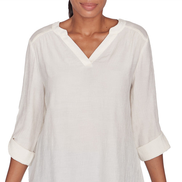 Solid Luxe Roll Tab Sleeve Top Ivory - Ruby Rd