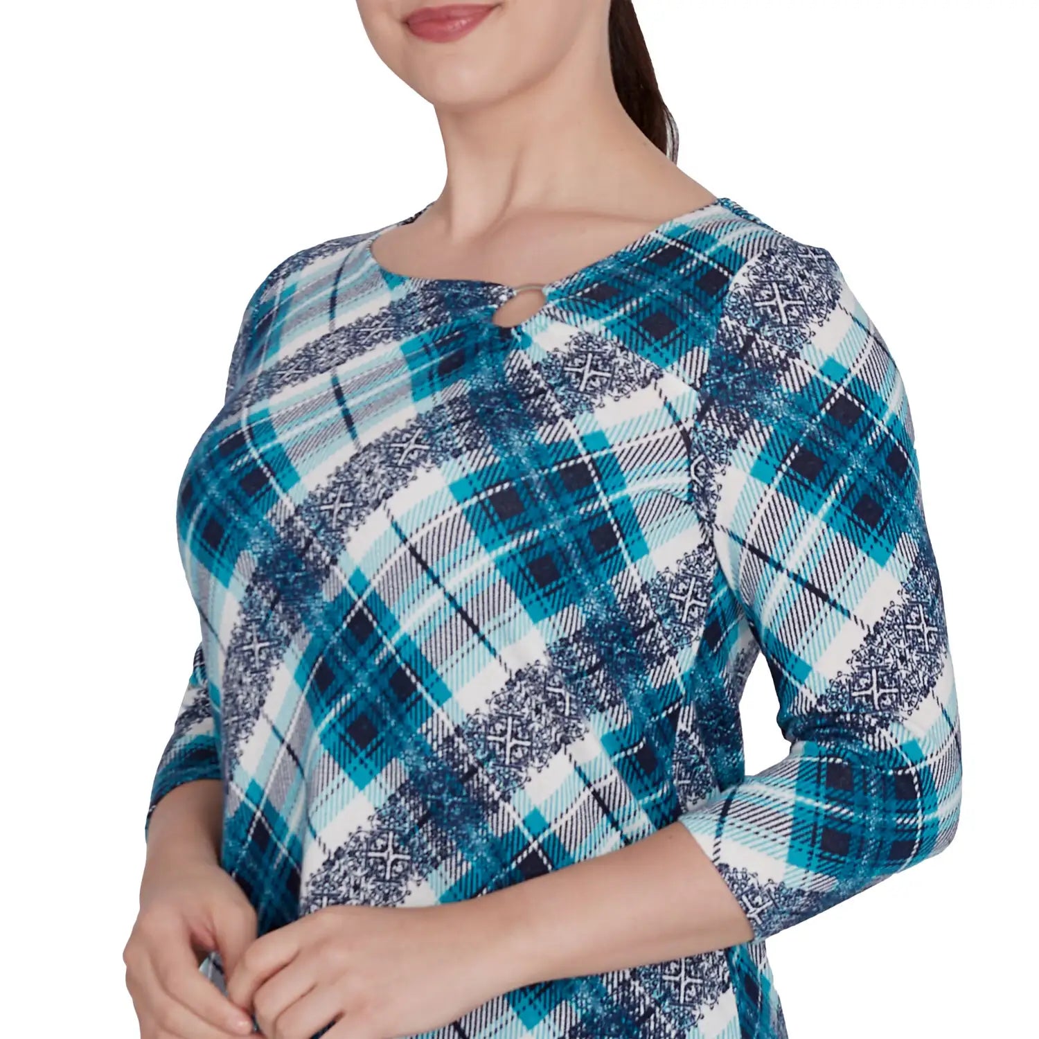 Ring Neck Plaid Hatchie Knit Top Navy multi  - Ruby Rd