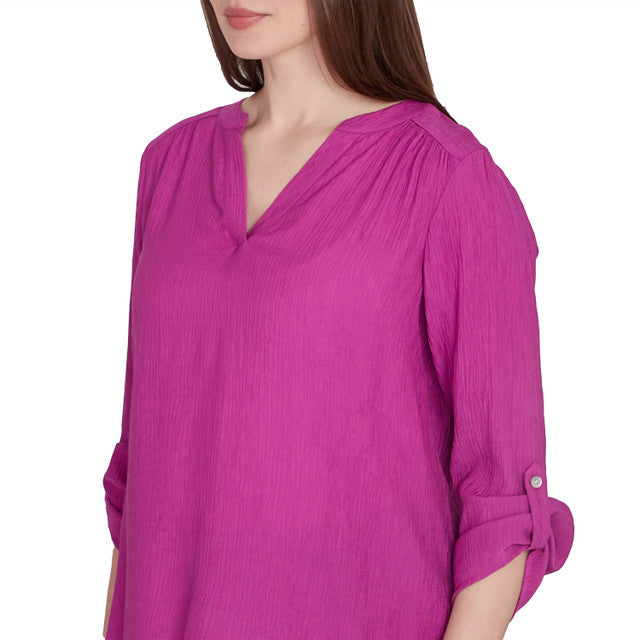 Solid Luxe Roll Tab Sleeve Top Dahlia- Ruby Rd