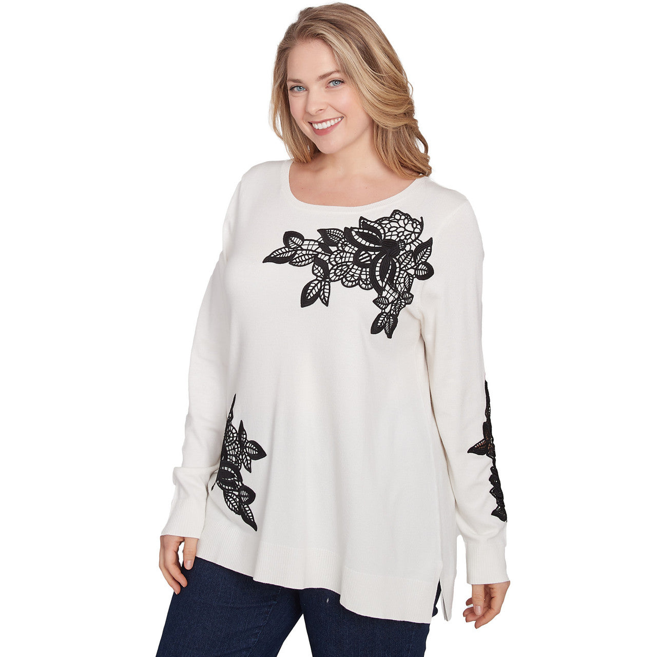 Plus Floral Lace Fine Gauge Sweater -Ruby Rd