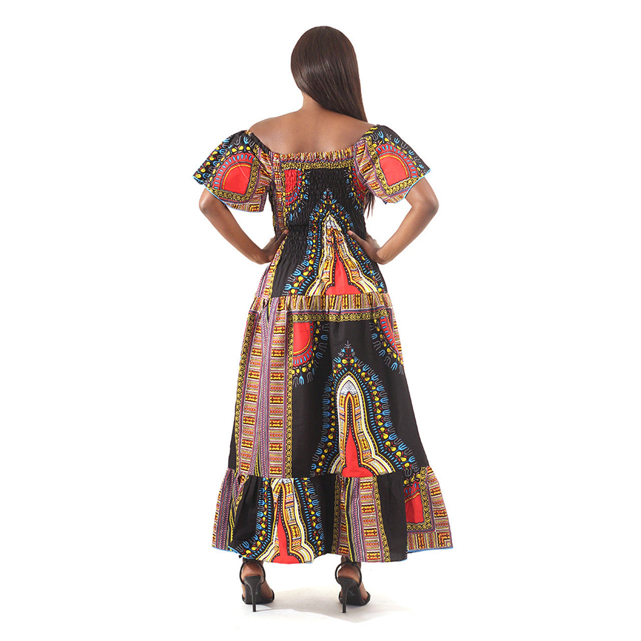 Trad Print Stretch-Top Princess Dress Black