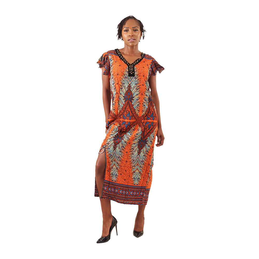 Orange MD Peacock Print Dress