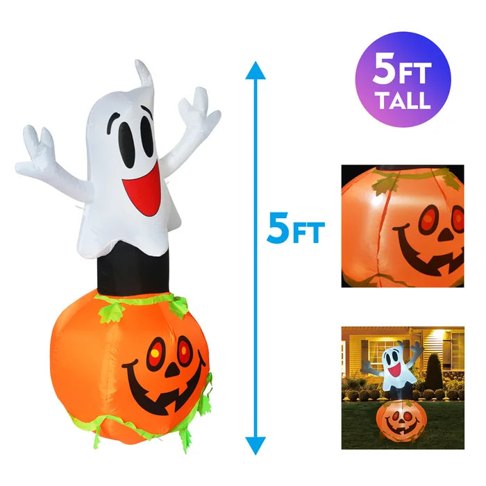 5FT Tall Inflatable Smile Ghost with Pumpkin Blow Up
