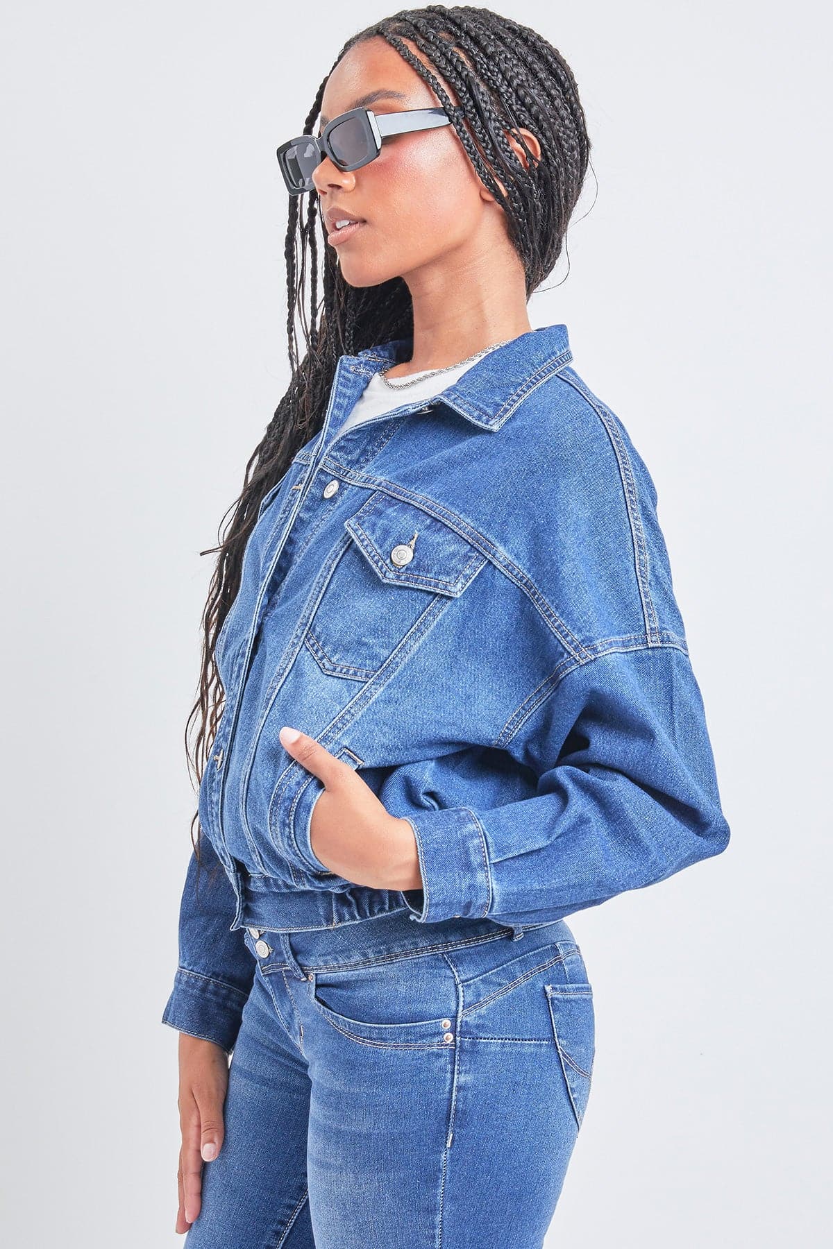 80S Style Denim Jacket with Elastic Blue