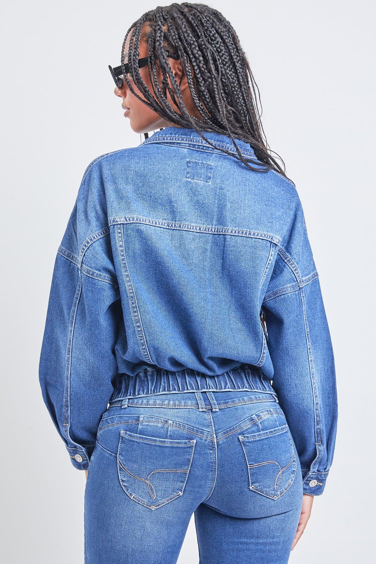 80S Style Denim Jacket with Elastic Blue