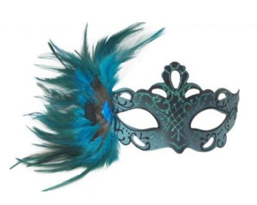 Mask w/Side Peacock Feather Gold Turquoise