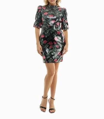 Sequin A -Line Dress Black Rose Print - Nicole Miller