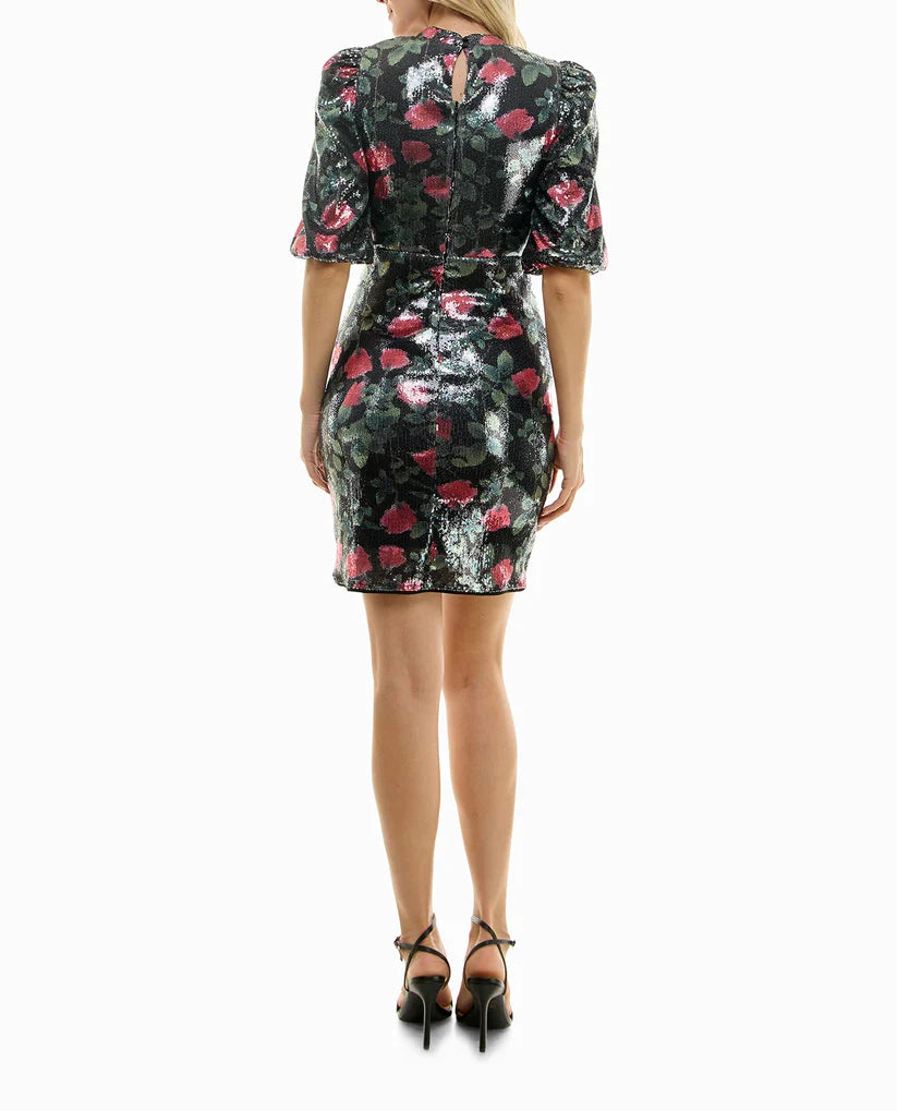 Sequin A -Line Dress Black Rose Print - Nicole Miller