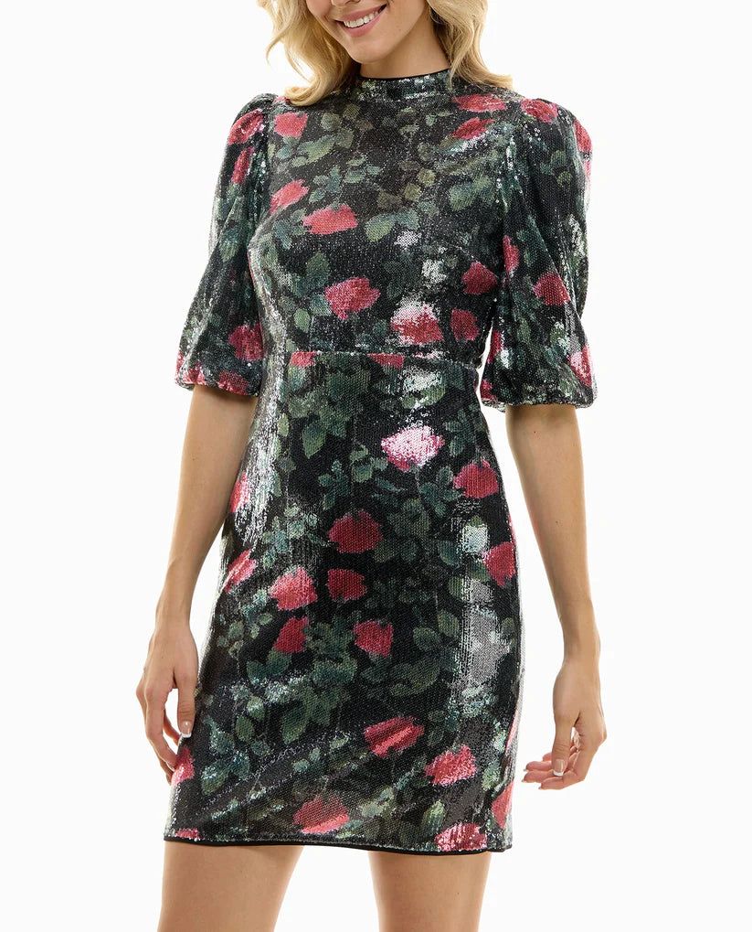 Sequin A -Line Dress Black Rose Print - Nicole Miller