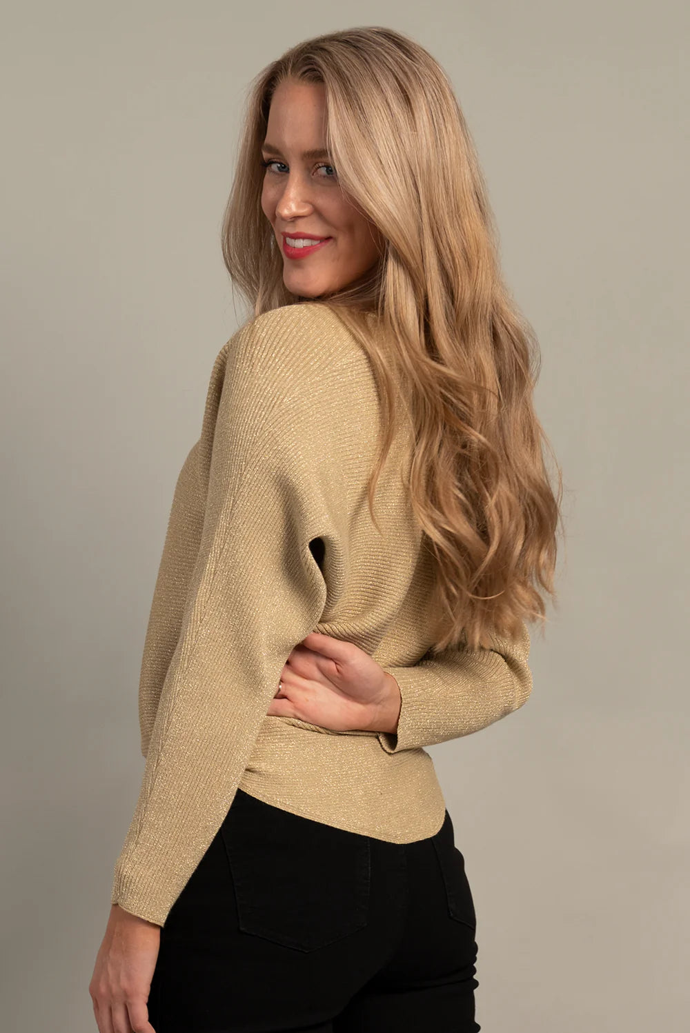 Lurex Dolman Sweater v neck  Gold- Ninety Clothing Co