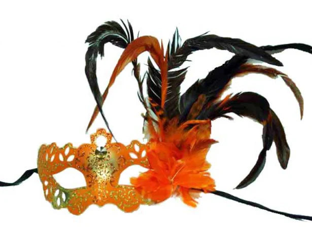 Venetian style mask with feather aside orange