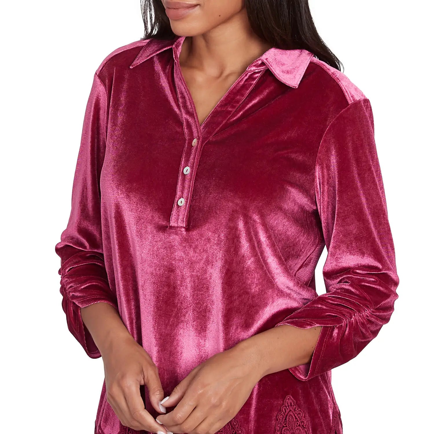 Stretch Velvet Lace Trim Top  Beet - Ruby Rd