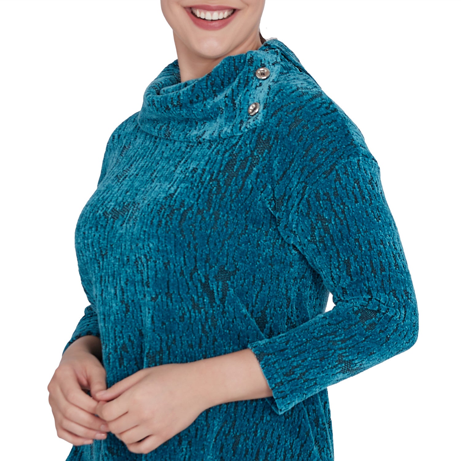 Split Cowl Chenille Jacquard Knit Top Jade Multi- Ruby Rd