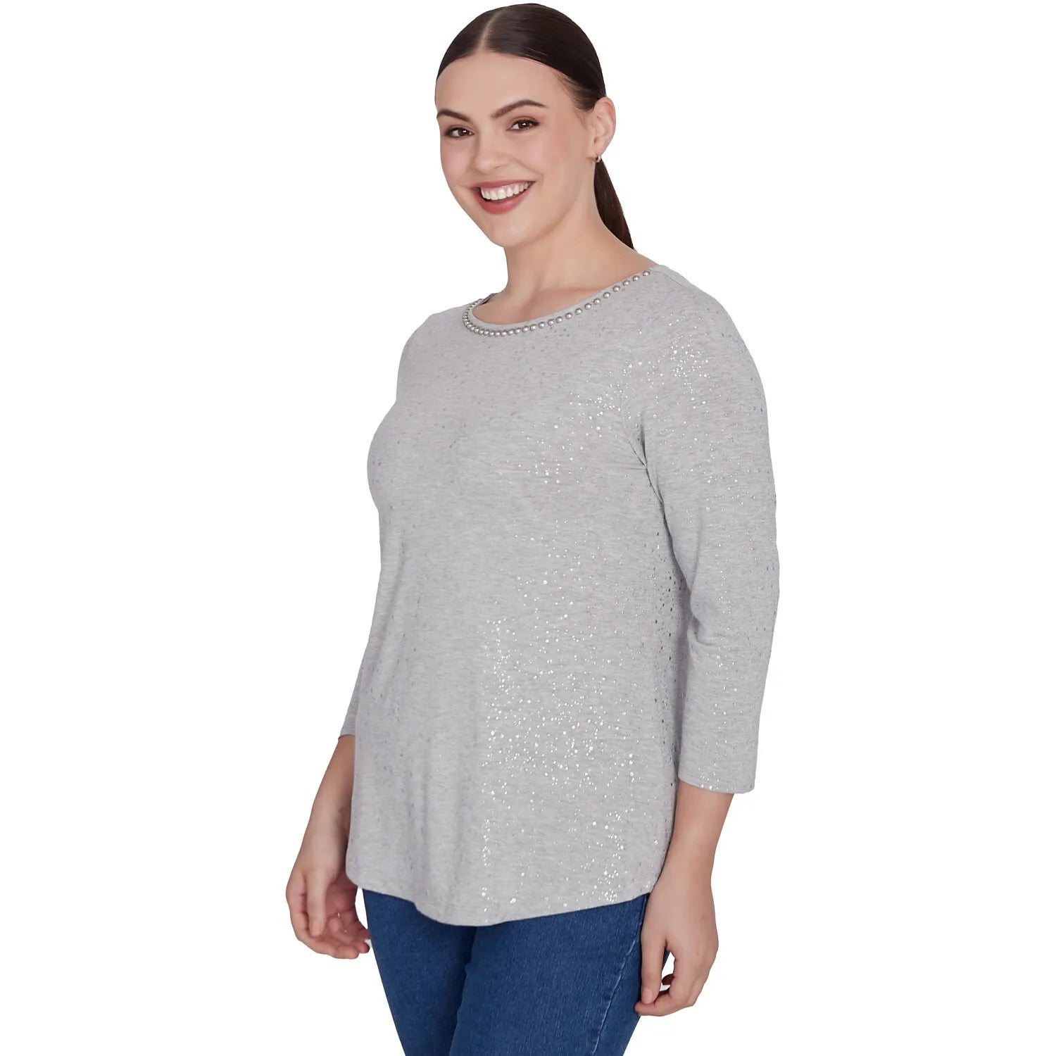 Embellished Dew Drops Glitter Knit Top Grey  - Ruby Rd