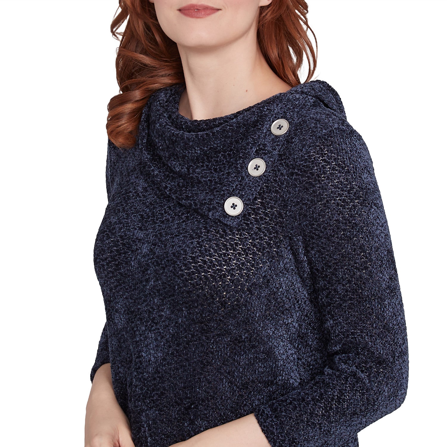 Split Cowl Neck Chenille Shine Knit Top Navy - Ruby Rd