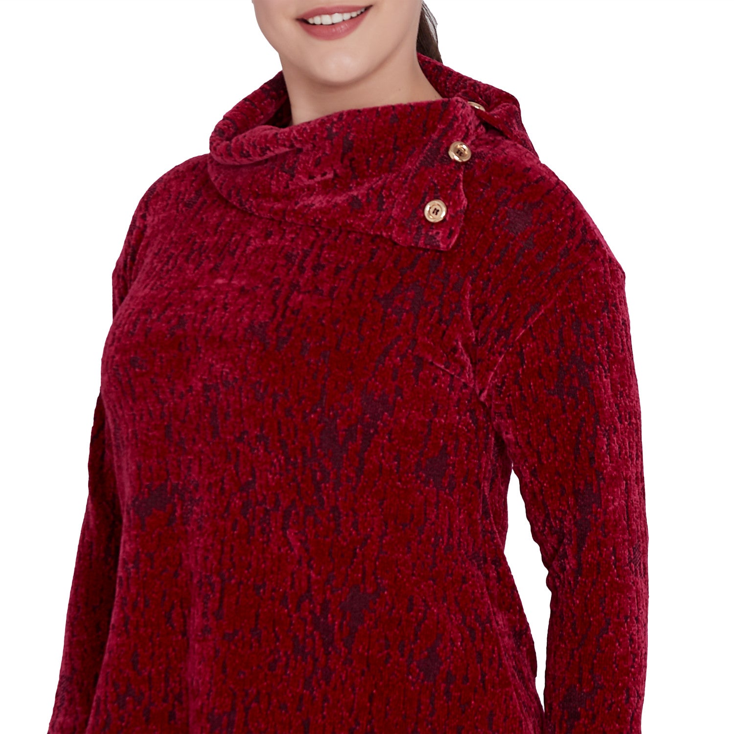 Split Cowl Chenille Jacquard Knit Top Beet Multi- Ruby Rd