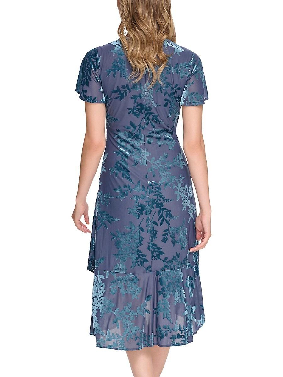 Floral Velvet Burnout Surplice V-Neck  Dress Blue - Kensie