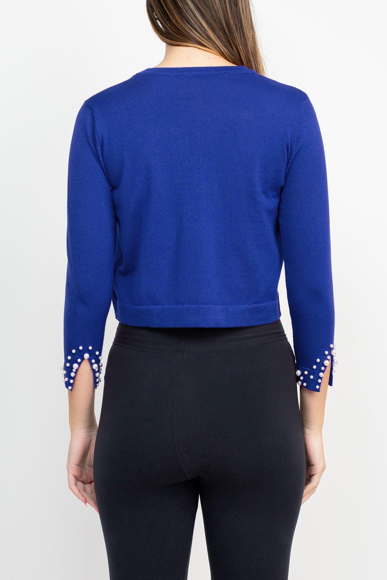 3Q Sweater Black Bolero Slit Pearl Sleeve Sapphire  - Nina Leonard