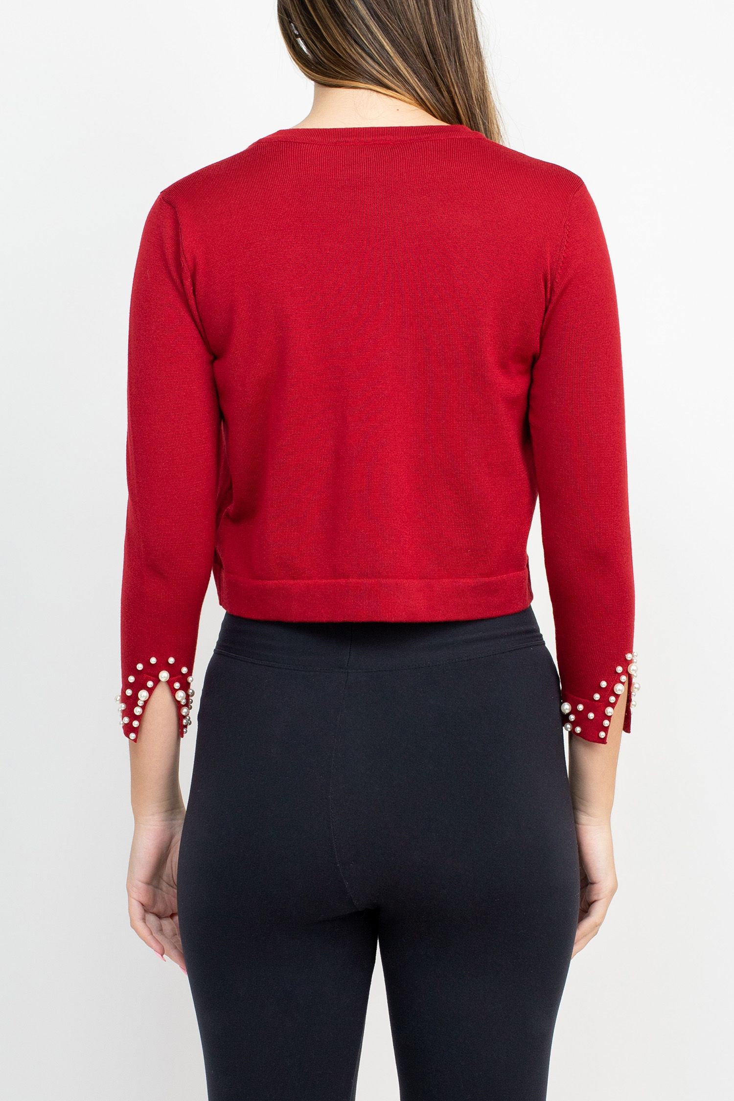 3Q Sweater Black Bolero Slit Pearl Sleeve Scarlet  - Nina Leonard