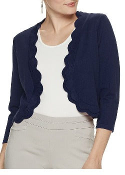Scalloped Open Front 3/4 Sleeve Solid Rayon Knit Jacket Navy - Nina Leonard