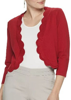 Scalloped Open Front 3/4 Sleeve Solid Rayon Knit Jacket Red - Nina Leonard