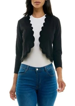 Scalloped Open Front 3/4 Sleeve Solid Rayon Knit Jacket Black - Nina Leonard
