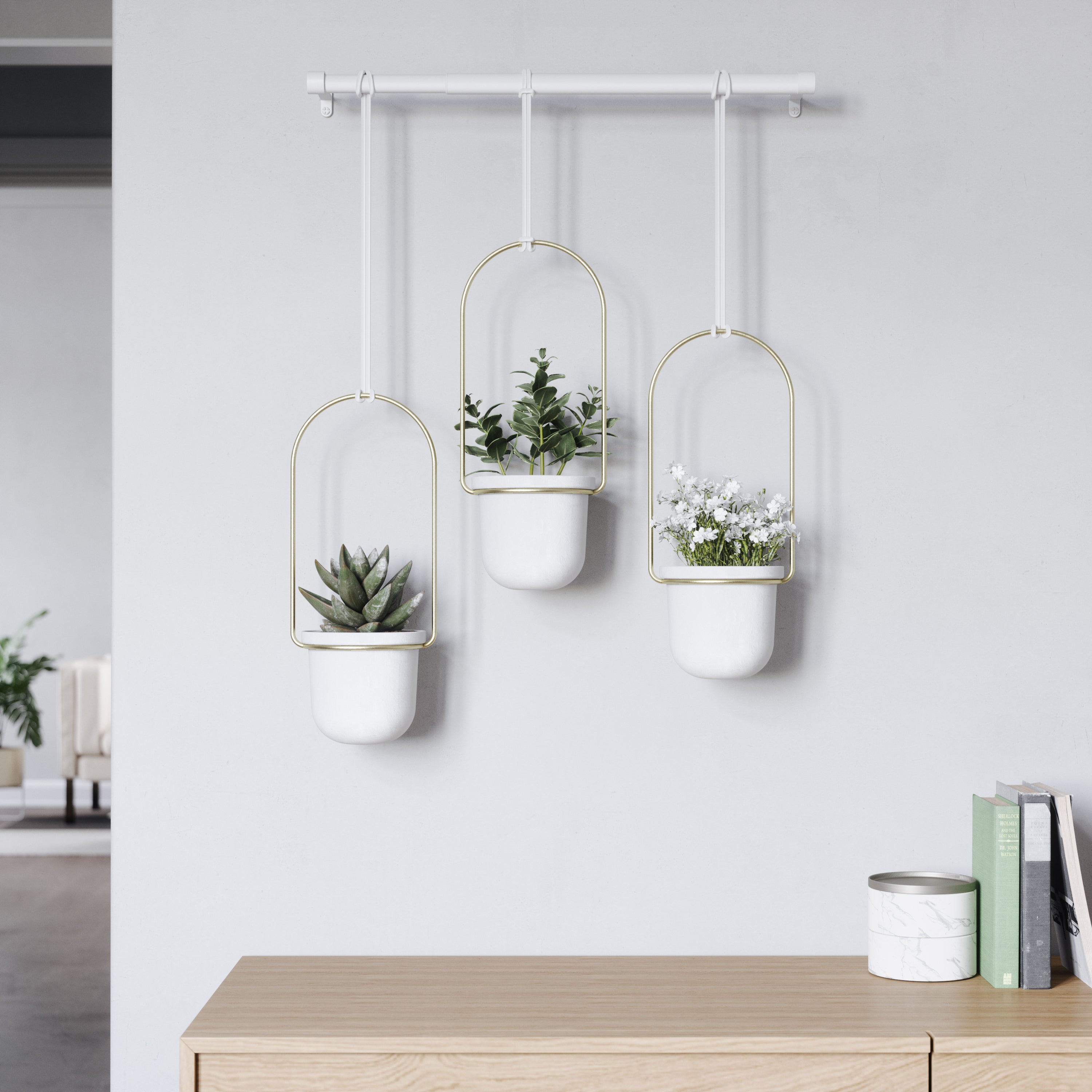 Triflora Hanging Planter System White/Brass