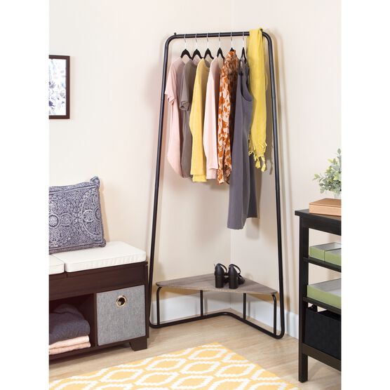 Corner Garment Rack, Matte Black with Wood Grain Laminate Top