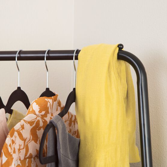 Corner Garment Rack, Matte Black with Wood Grain Laminate Top