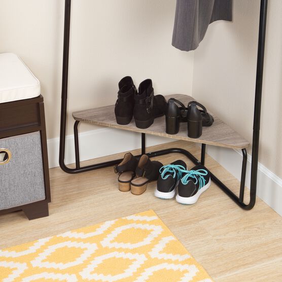 Corner Garment Rack, Matte Black with Wood Grain Laminate Top