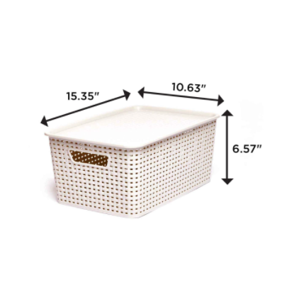 Woven plastic bin with lid