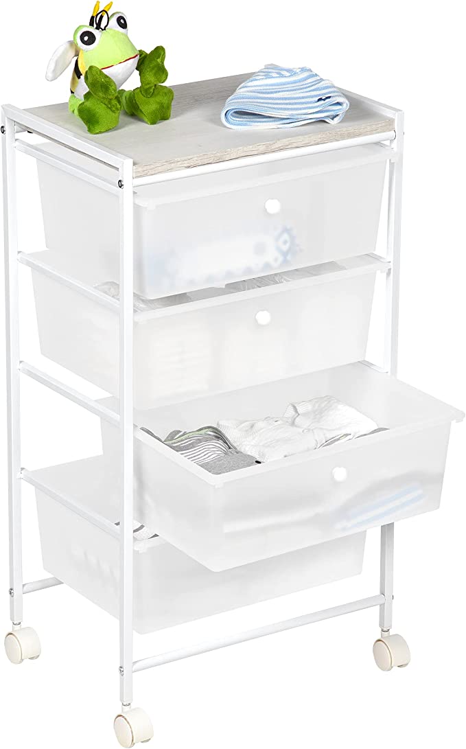 4 Drawer Plastic Wide Cart with Wood Top  White