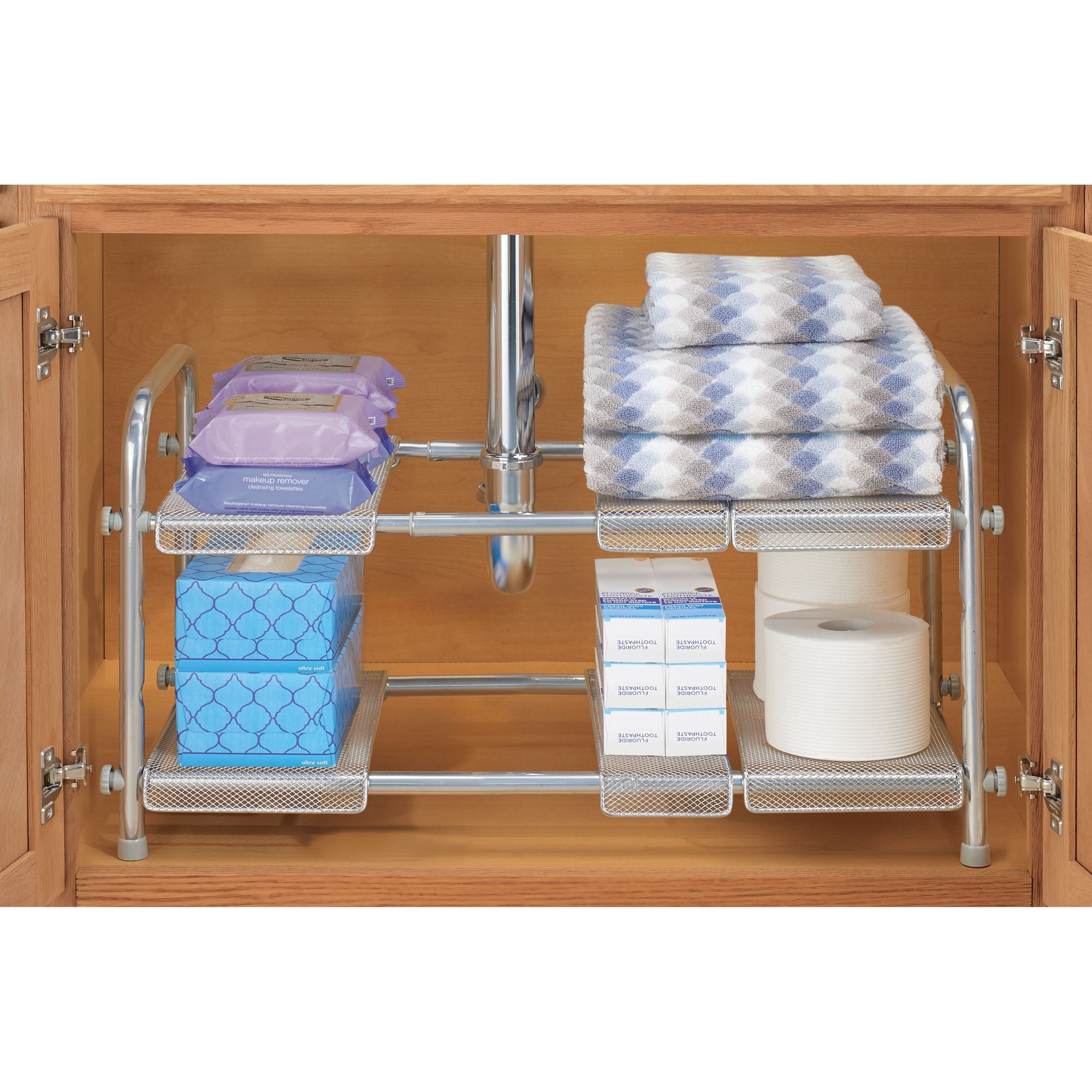 Silver Under Sink Organizer- 2 Tier Expandable Shelf