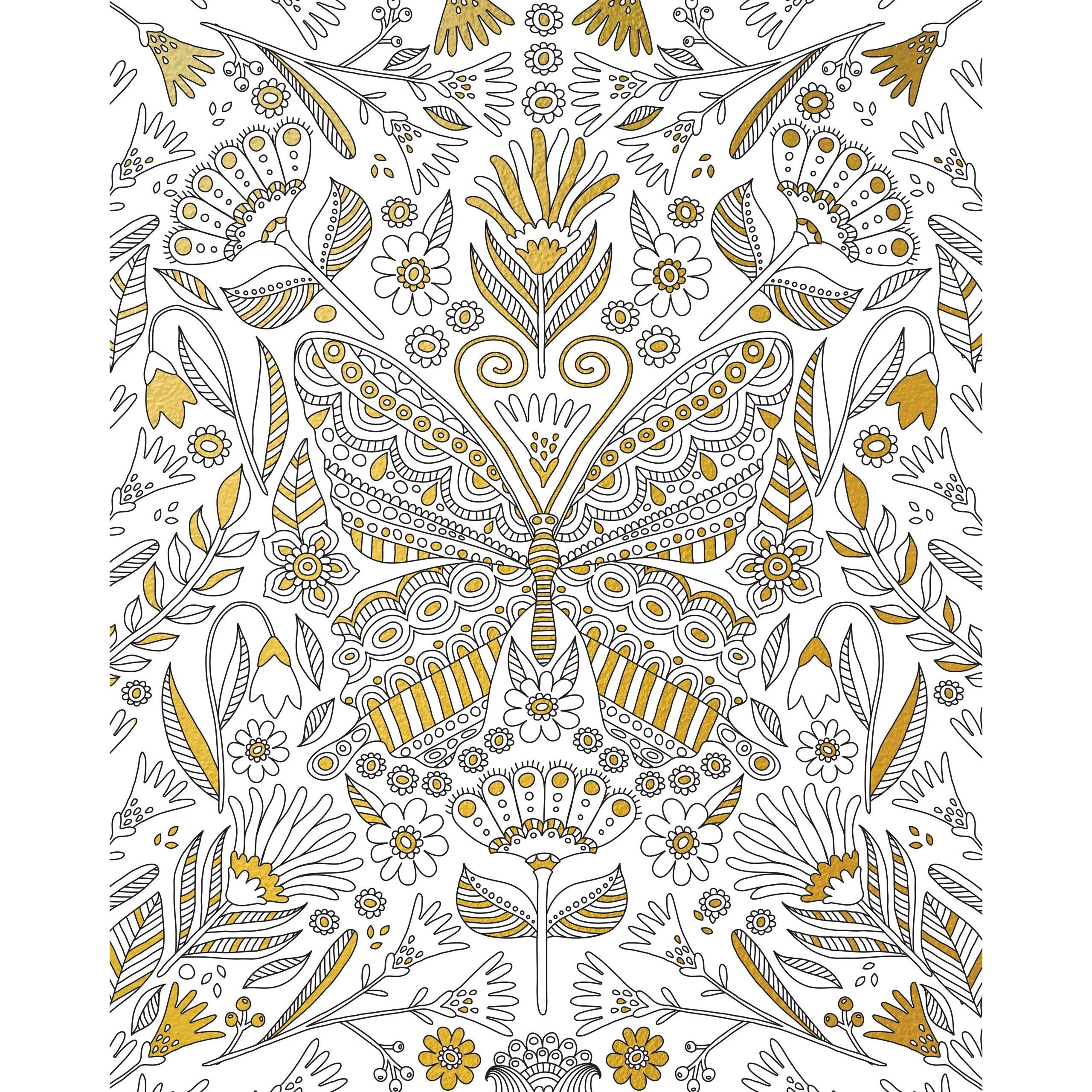 GOLD FOIL COLORING PRINTS BLOOMS BIRDS & BUTTERFLIES