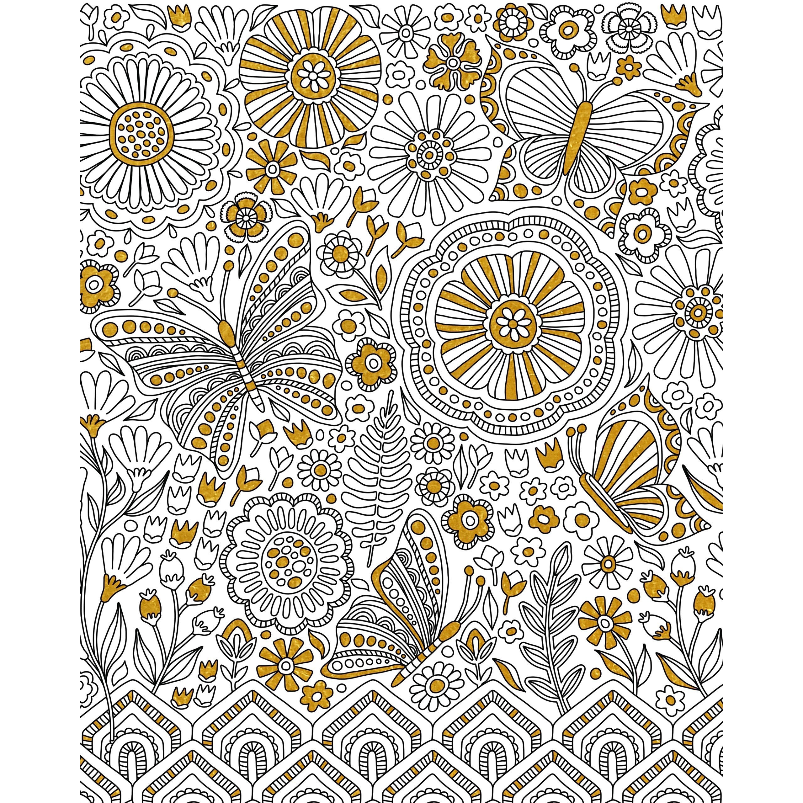 GOLD FOIL COLORING PRINTS BLOOMS BIRDS & BUTTERFLIES