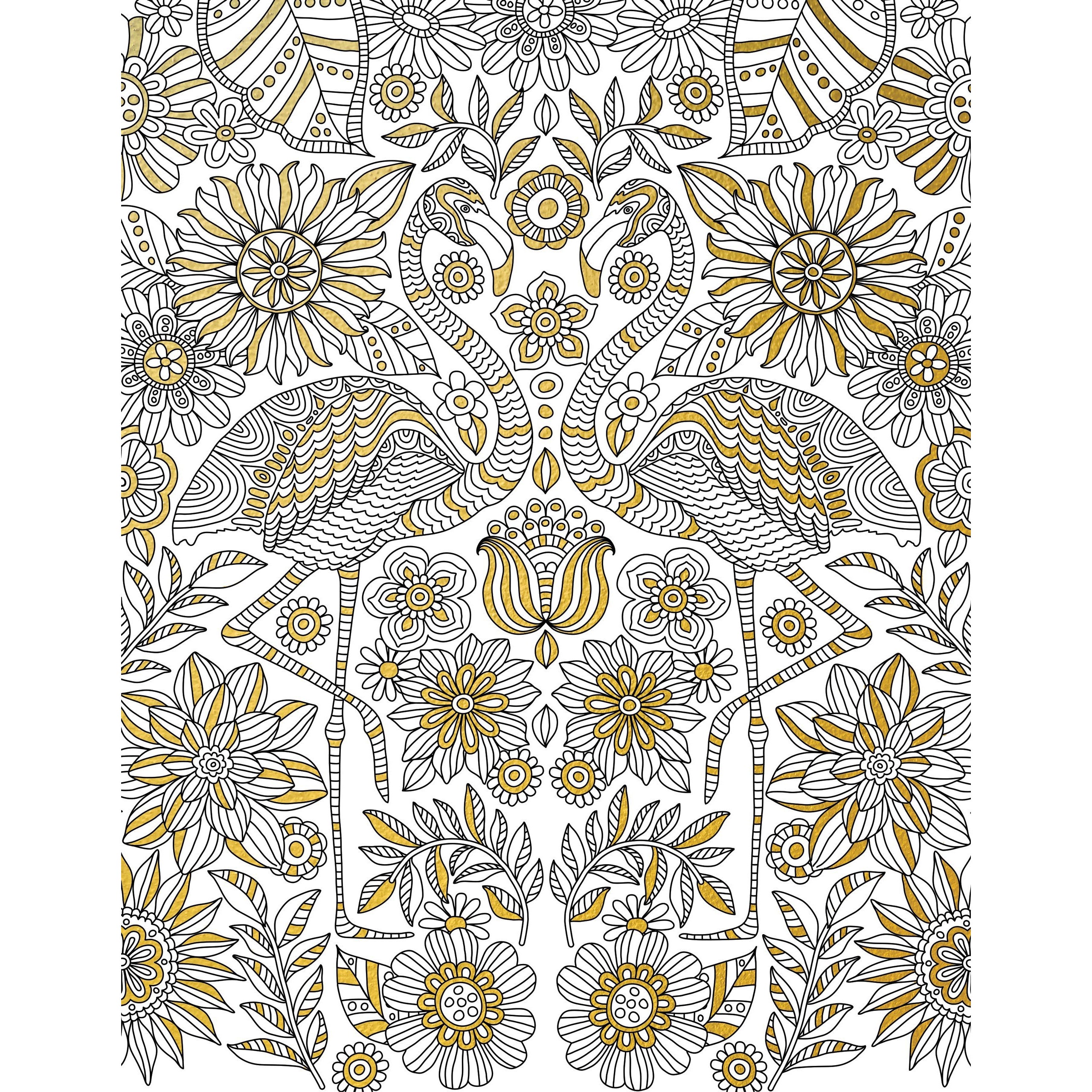 GOLD FOIL COLORING PRINTS BLOOMS BIRDS & BUTTERFLIES