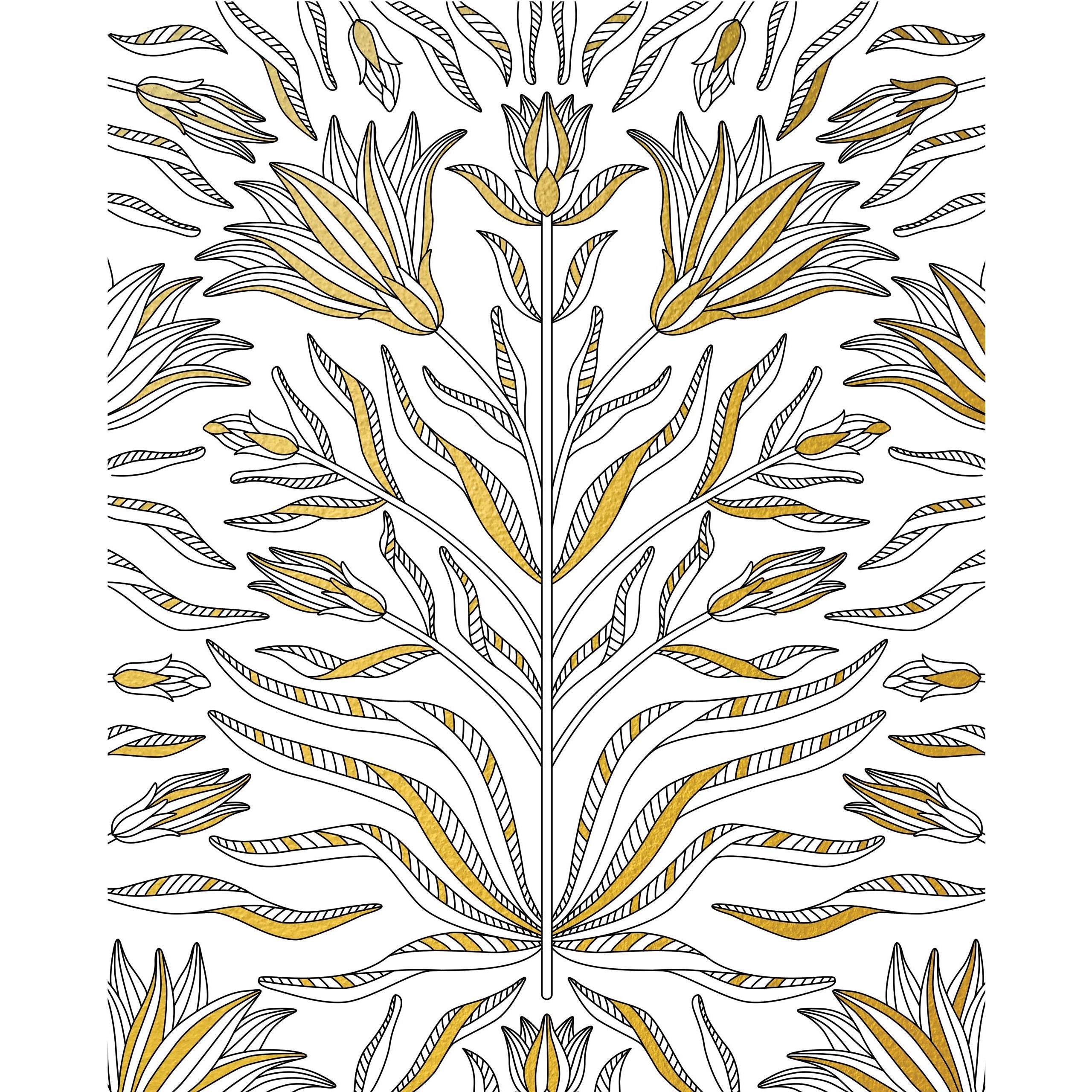 GOLD FOIL COLORING PRINTS BLOOMS BIRDS & BUTTERFLIES