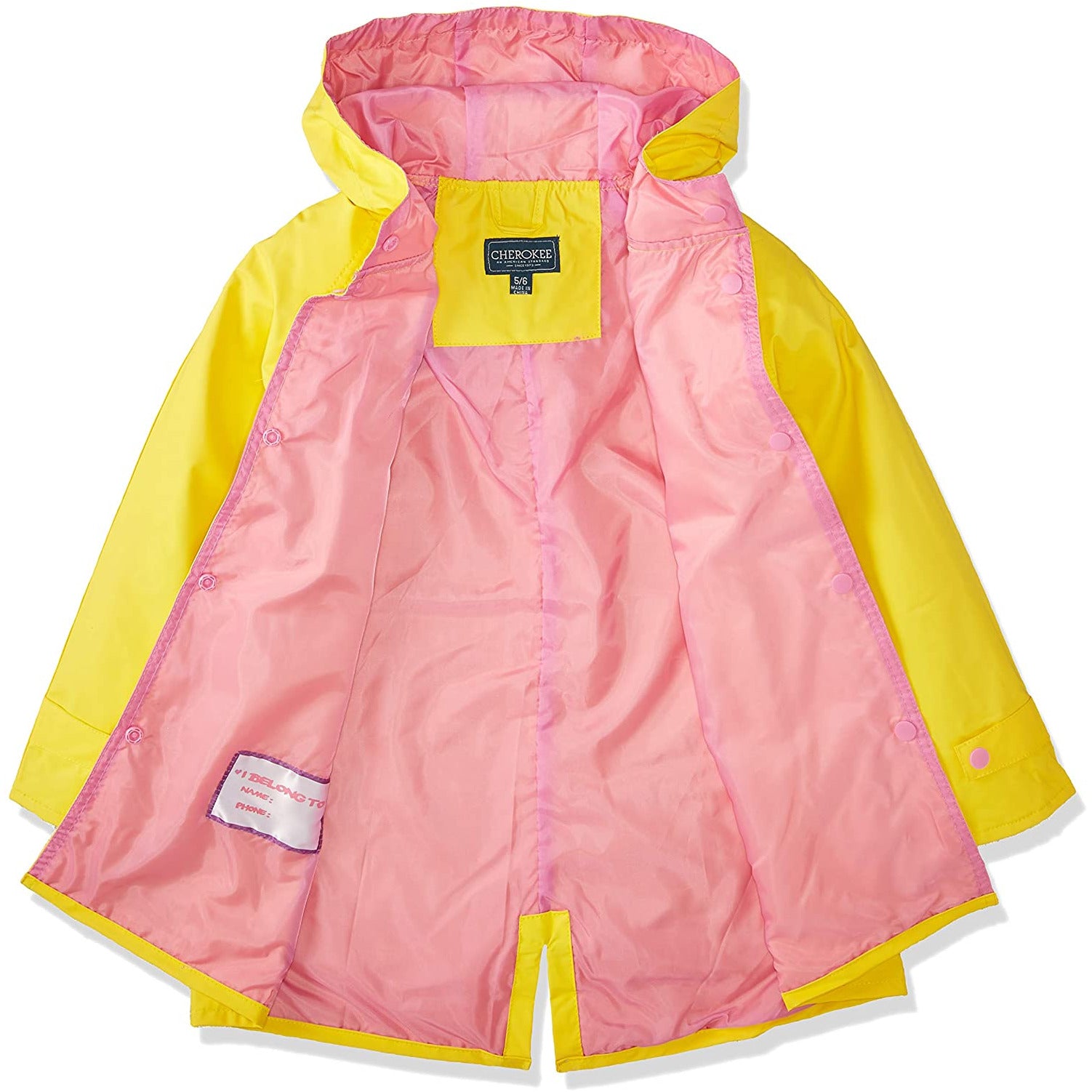 Chaqueta de lluvia amarilla con botones rosa