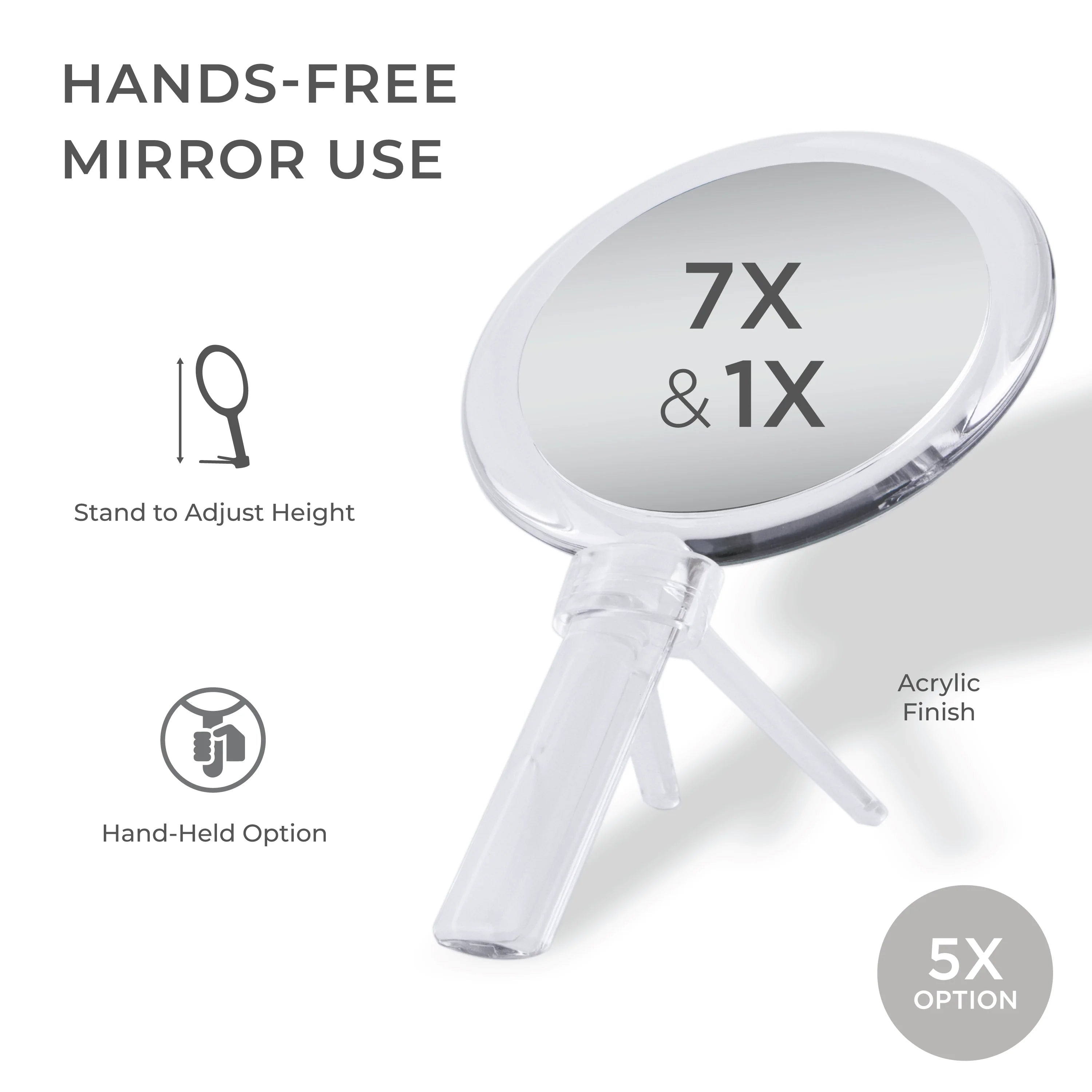 DUAL SIDED 1X/7X HAND MIRROR W/STAND IN ACRYLIC