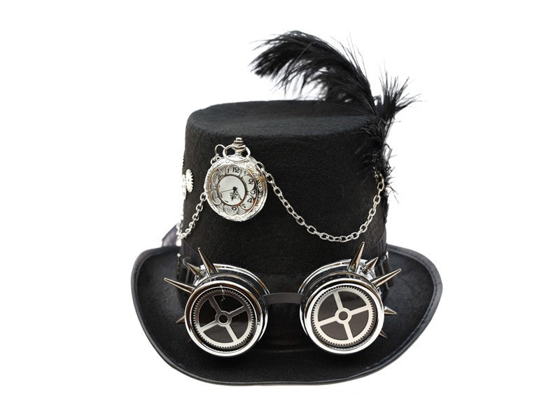 black hat with silver goggle and black feather