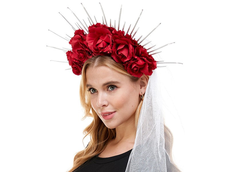 Headband-Day of the dead redsilk flower with veil