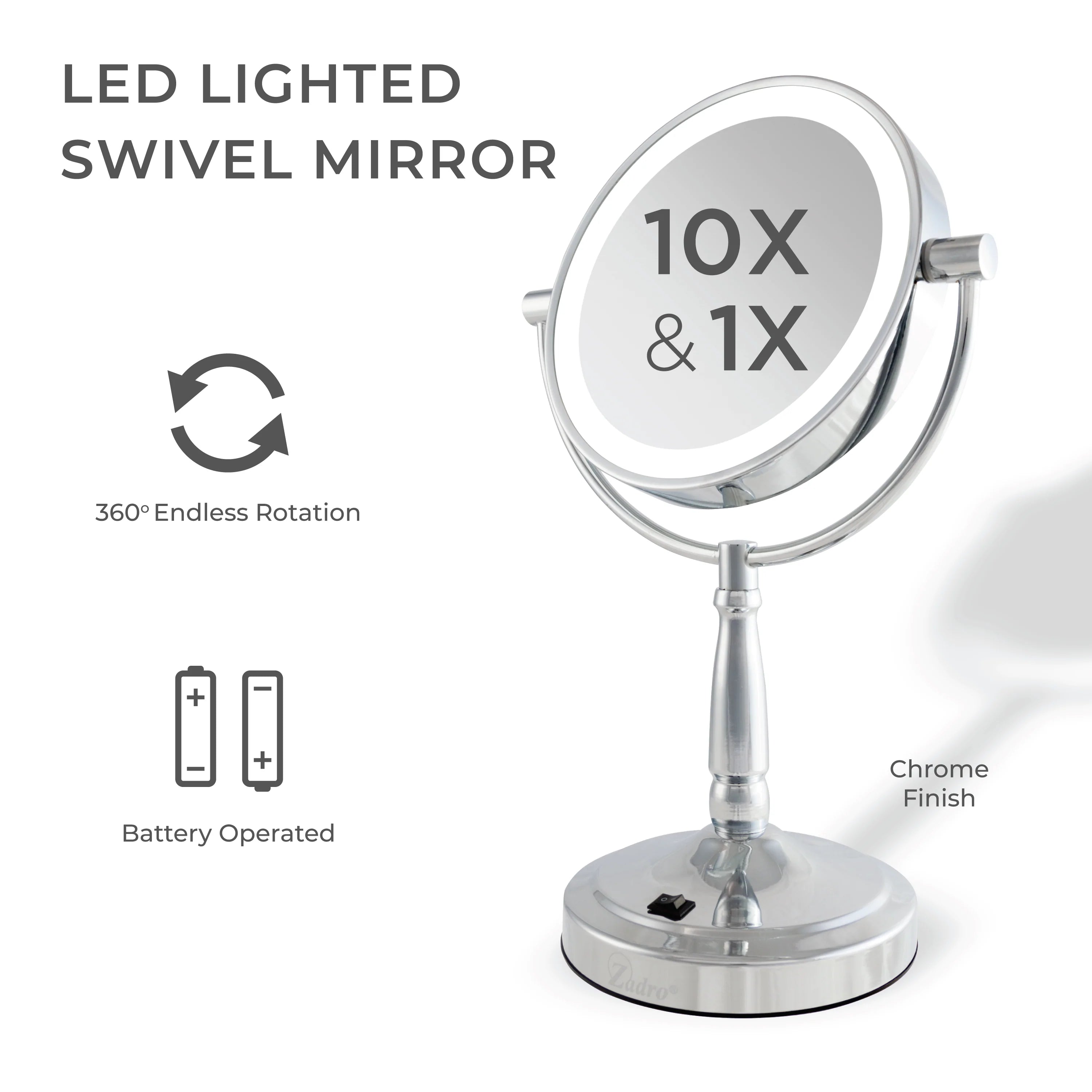 9" Round LED Cordless Dual-Sided Mirror 10X/1X