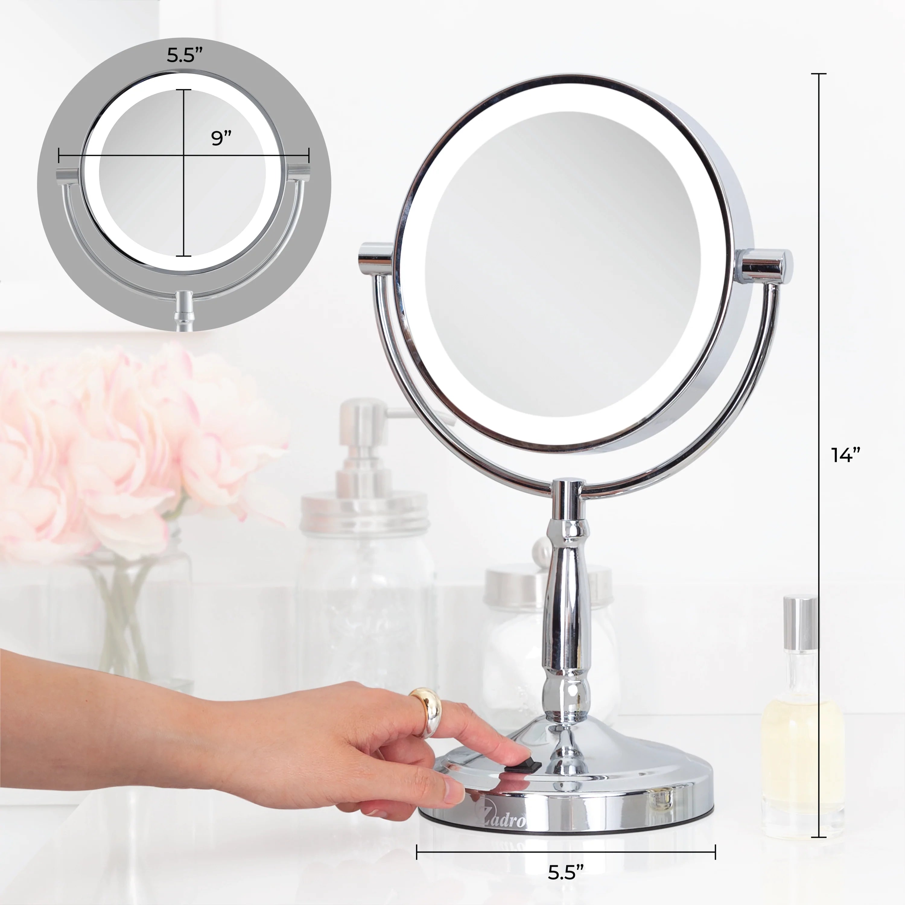 9" Round LED Cordless Dual-Sided Mirror 10X/1X