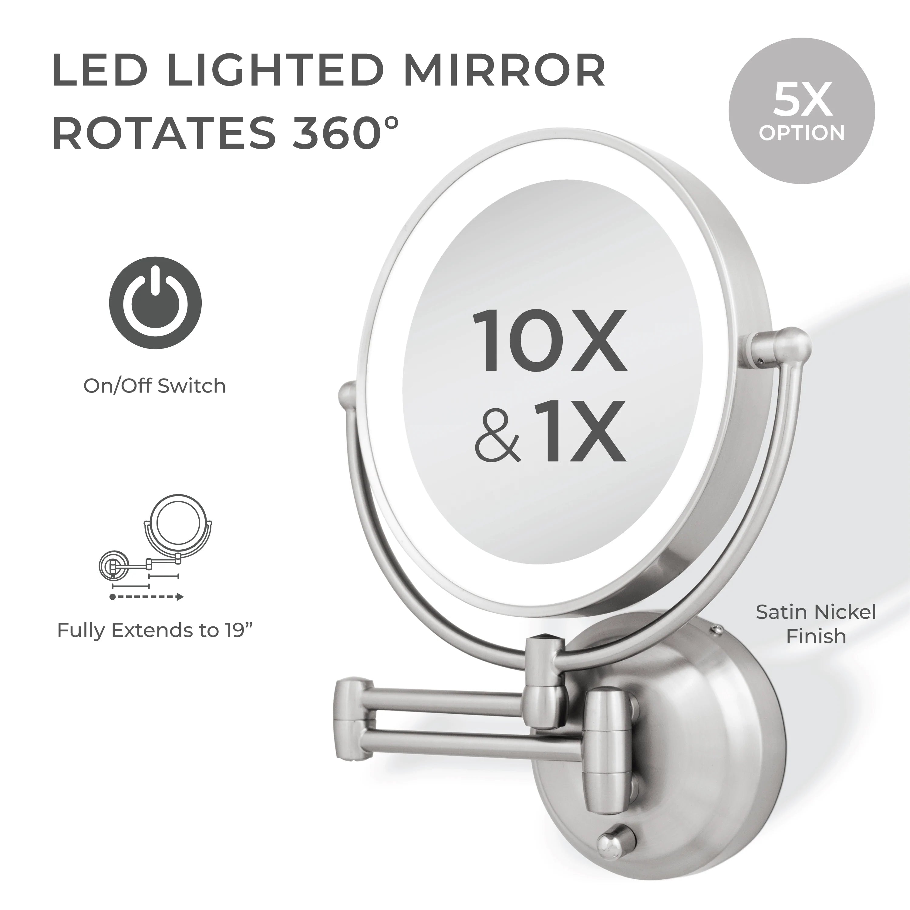 LED 1X/10X Wall Mount Mirror in Polished Nickel