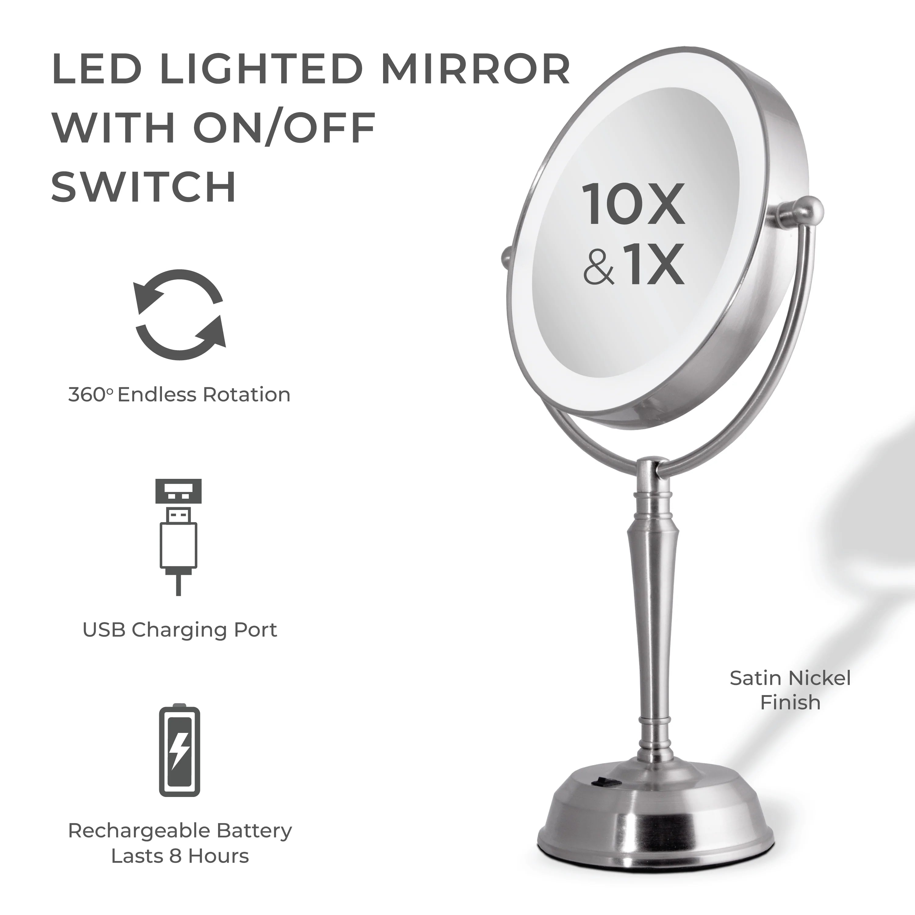 11" Round LED Rotating USB Charging Port Mirror 10X/1X