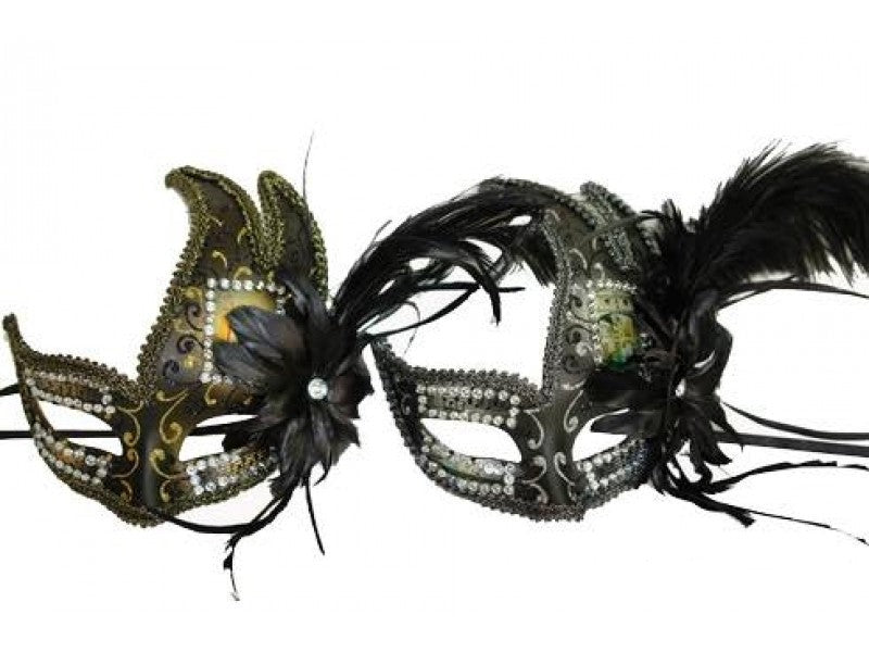 Venetian mask w feathers aside and rhinestone small black