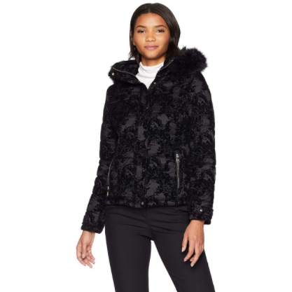 Women's Printed Hooded Velvet Parka Black